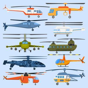 螺旋桨航空飞行器现代航空军用民用直升机飞机矢量插画平面设计照片